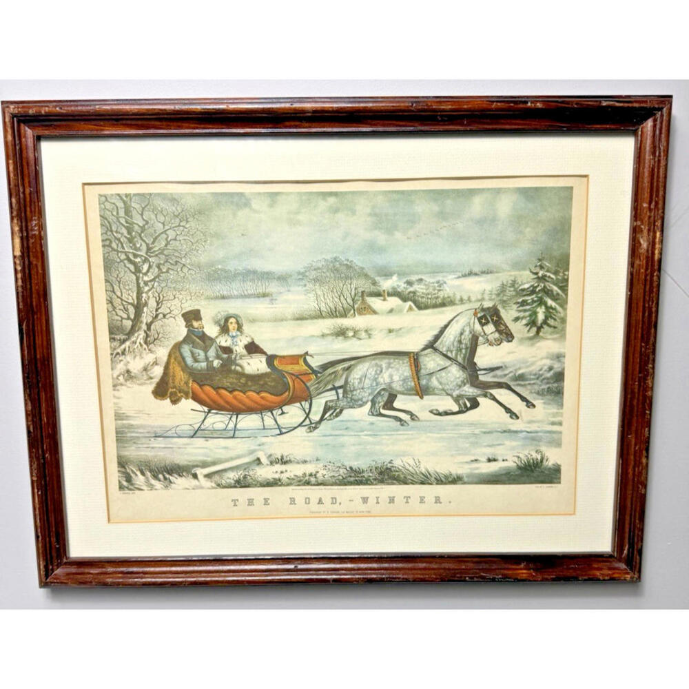 Vtg Currier & Ives The Road Winter Litho Print Framed Matted Glass Wood Horses